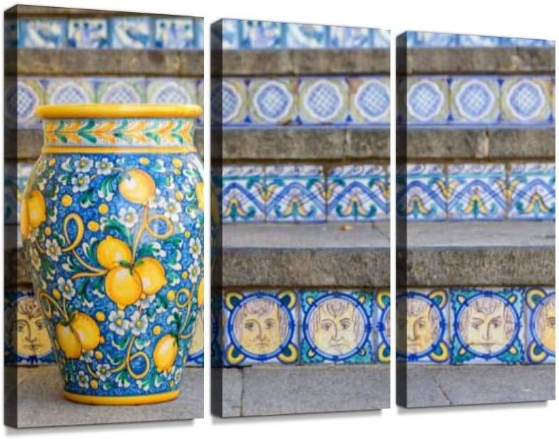 Ceramic vase on The Staircase in Caltagirone, Sicily, Italy Print On Canvas Wall Artwork Modern Photography Home Decor Unique Pattern Stretched and Framed 3 Piece