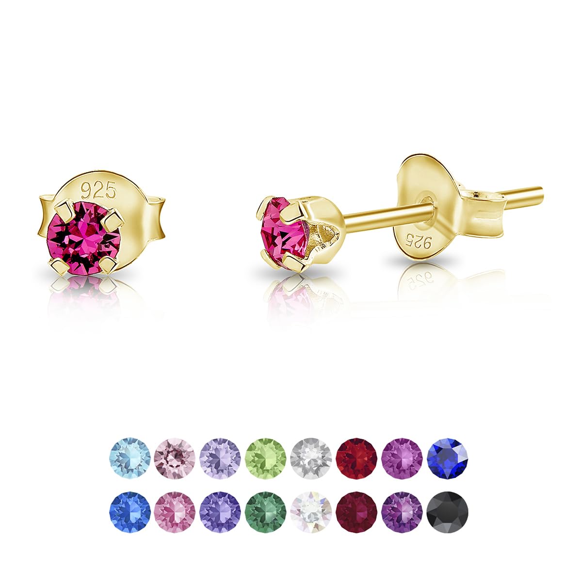 DTPSilver - 925 Sterling Silver Yellow Gold plated Round TINY Stud Earrings made with Glittering Crystals from Swarovski® Elements - Diameter: 3 mm - Colour : Rose