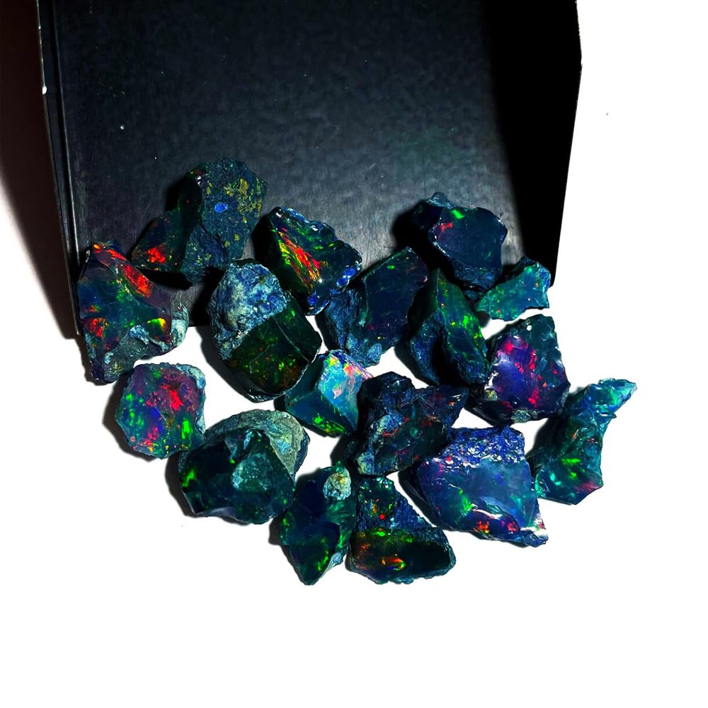 Black Opal Rough Gemstone AAAA+ Grade Certified 5 Pcs – Natural Ethiopian Welo Fire Opal Stone, Handpicked Multi-Color Flash Raw Opals for Jewelry Making, Tumbling and Healing