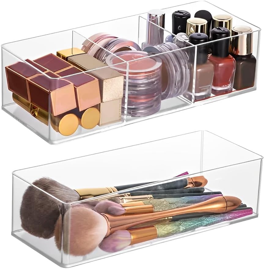 ROWNYEON 2 Pack Stackable Acrylic Cosmetic Organiser Box, Bathroom Storage Makeup Organiser Drawer Dividers Tray for Dressing Table, Vanity（1 Big + 3 Small Compartment）