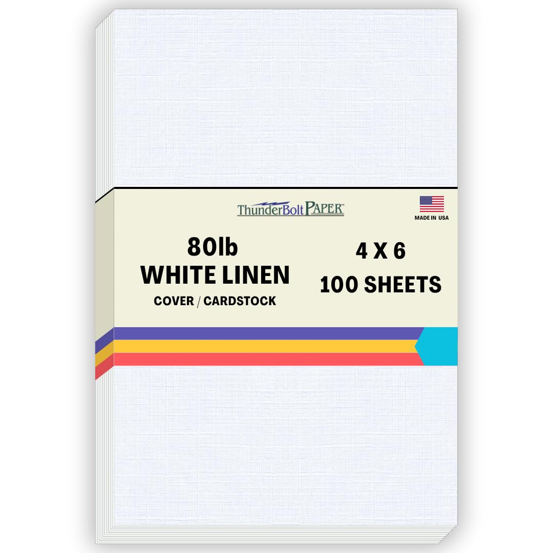 100 White Linen 80# Cover Paper Sheets - 4" X 6" (4X6 Inches) Photo|Card|Frame Size - 80 lb/pound Card Weight - Fine Linen Textured Finish - 96 Bright Cardstock