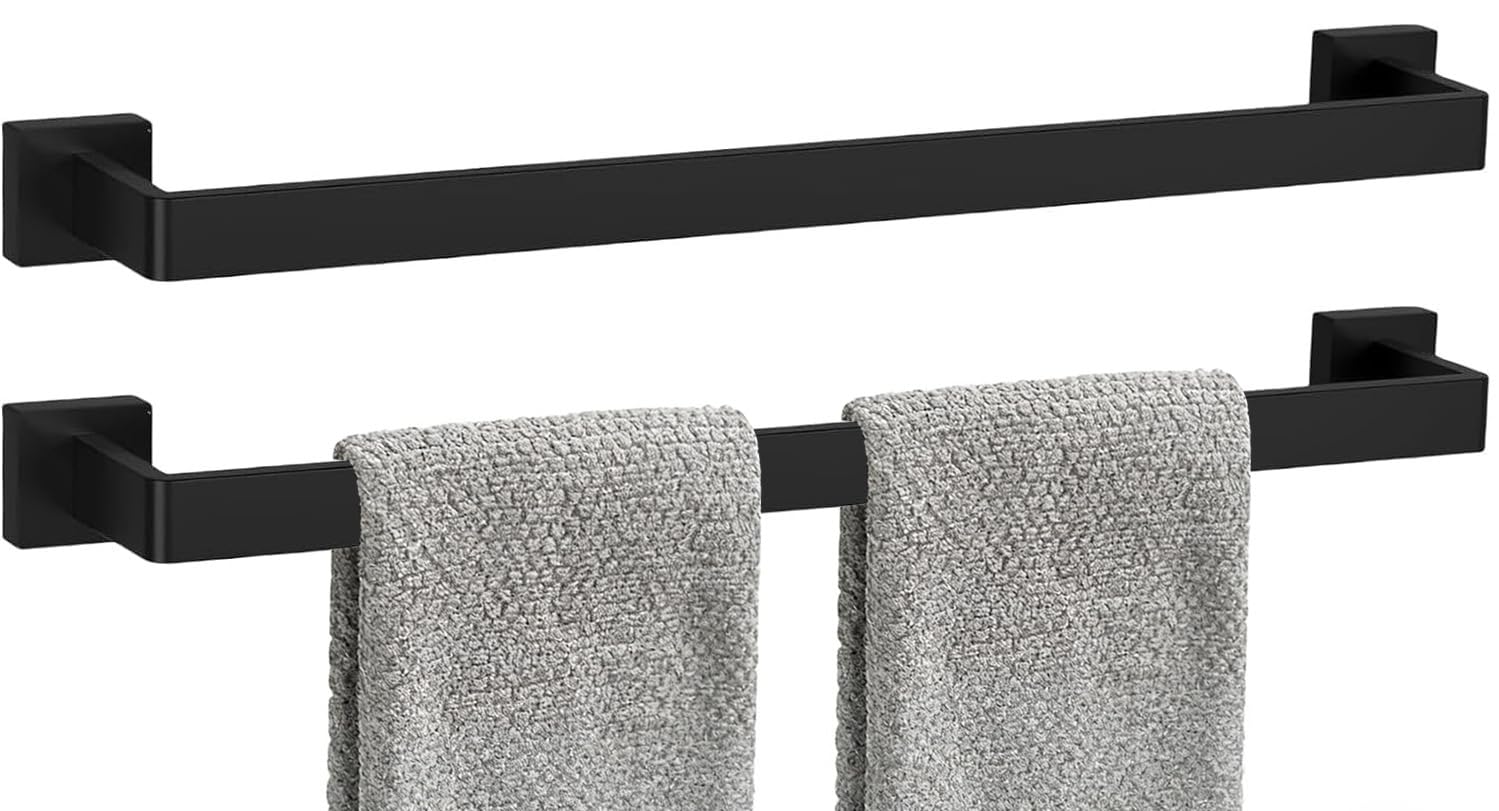 Photo 1 of 2 Packs 24 Inch Bathroom Towel Bar SUS304 Stainless Steel Matte Black Towel Holder Wall Mounted Heavy Duty Towel Rack Bathroom Towel Rod Modern Square Base Design(2, Matte Black, 24 Inch)