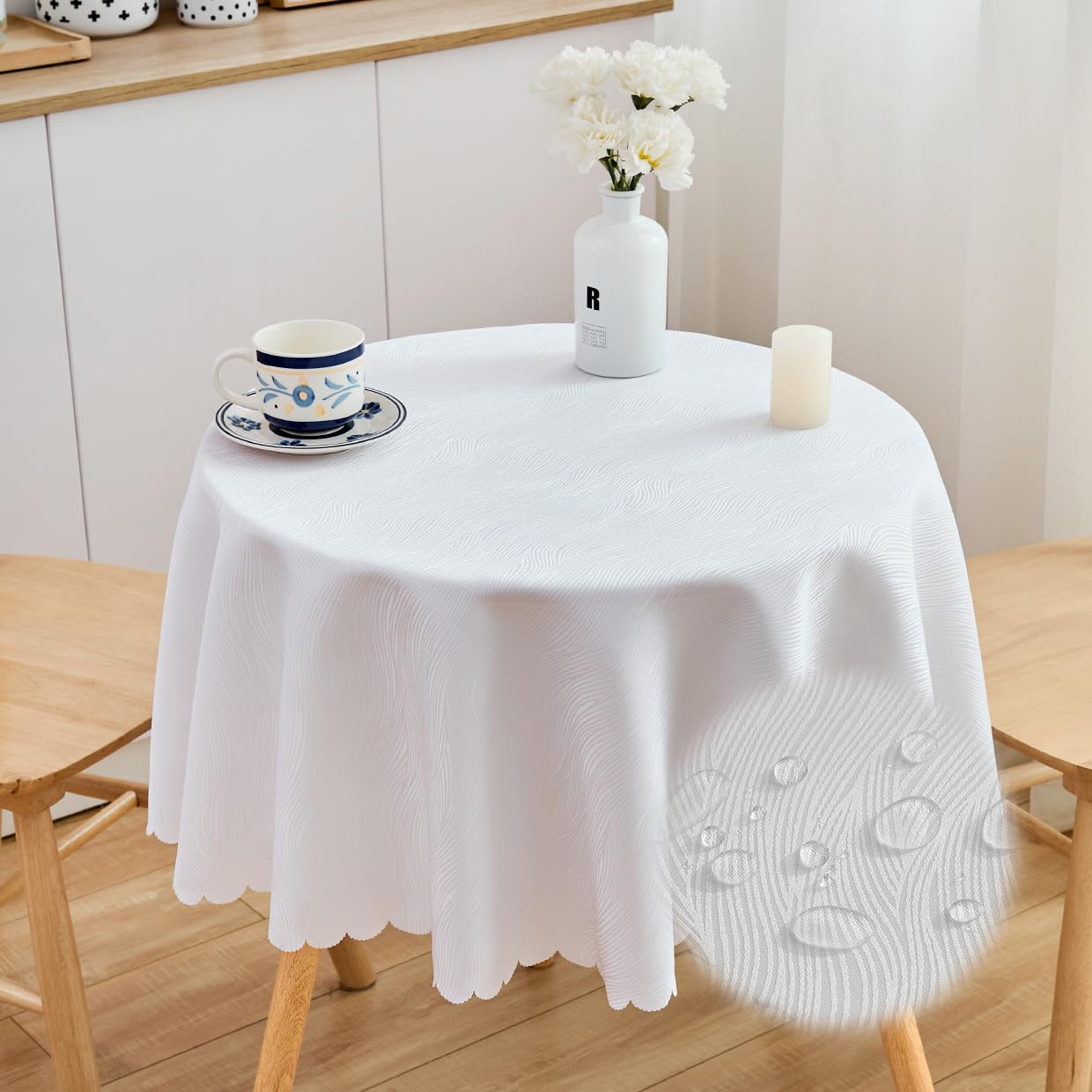 SPRICA Round Jacquard Tablecloth 120cm Water Resistance Solid Colour Table Cover, Water Ripples Pattern Design, Machine Washable, Diameter 120cm, White