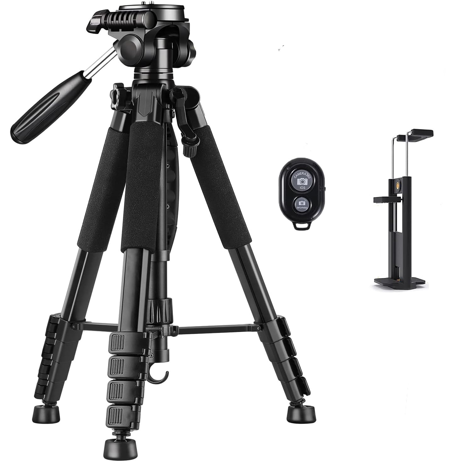 190cm カメラ 三脚 スマホ三脚 3Way雲台 360°回転可能 遠隔撮影リモコン 付き収納袋 パンハンドル クイックシュー対応 一眼レフ/ビデオカメラ/スマホ/タブレット の商品画像