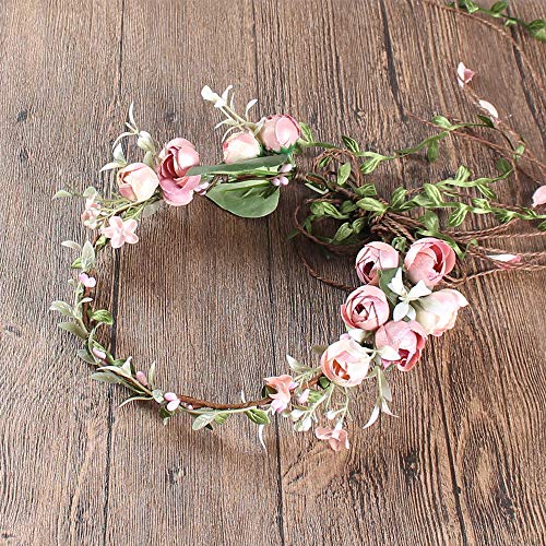 Flower Crown Headband Rose Wreath Garland Hair Bands Floral Wedding Bridal Hair Hoop Women Girls Leaf Vine Party Decoration Headdress Headwear Christmas Handmade Headpiece Hair Accessories Pink - Thumbnail 3