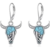 Turquoise Longhorn Earrings S925 Sterling Silver Texas Cow Skull Dangle Earrings Western Cowgirl Cowboy Jewelry Gifts For Women Female