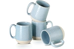 Hasense 15 Ounce Porcelain Coffee Mugs Set of 4 with Large Handle Perfect for Coffee, Tea, Milk, Chocolate and Latte, Unqiue Glaze Ceramic Coffee Cups Set for Man and Woman, Sky Blue