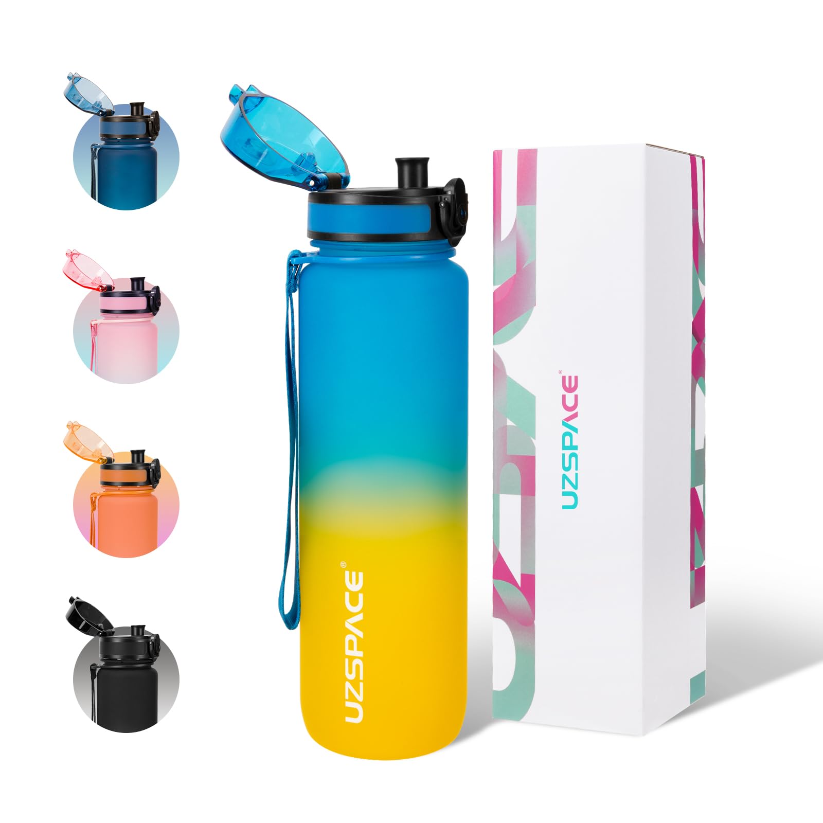 UZSPACE 1 Litre Water Bottle with Strainer - BPA Free Drinking Bottles for Adults - Sports Water Bottle with Capacity Scale - Daily Water Intake Bottle for School or Fitness & Outdoors Blue & Yellow