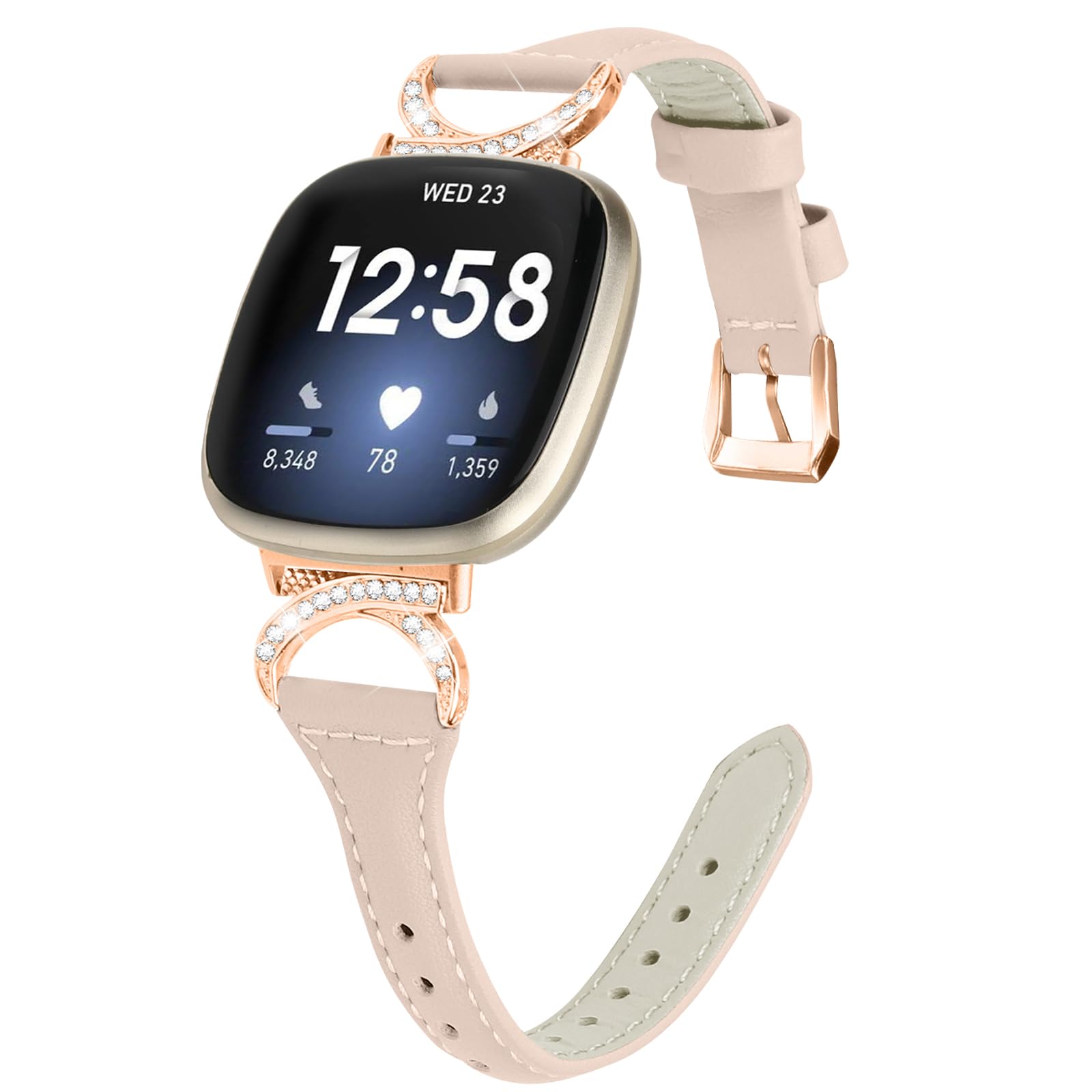 PaceBid Leather Strap Compatible with Fitbit Versa 4/Versa 3, Women Men Adjustable Bling Premium Genuine Leather Slim Elegant Replacement Watch Bands for Fitbit Sense/Sense 2 - Apricot