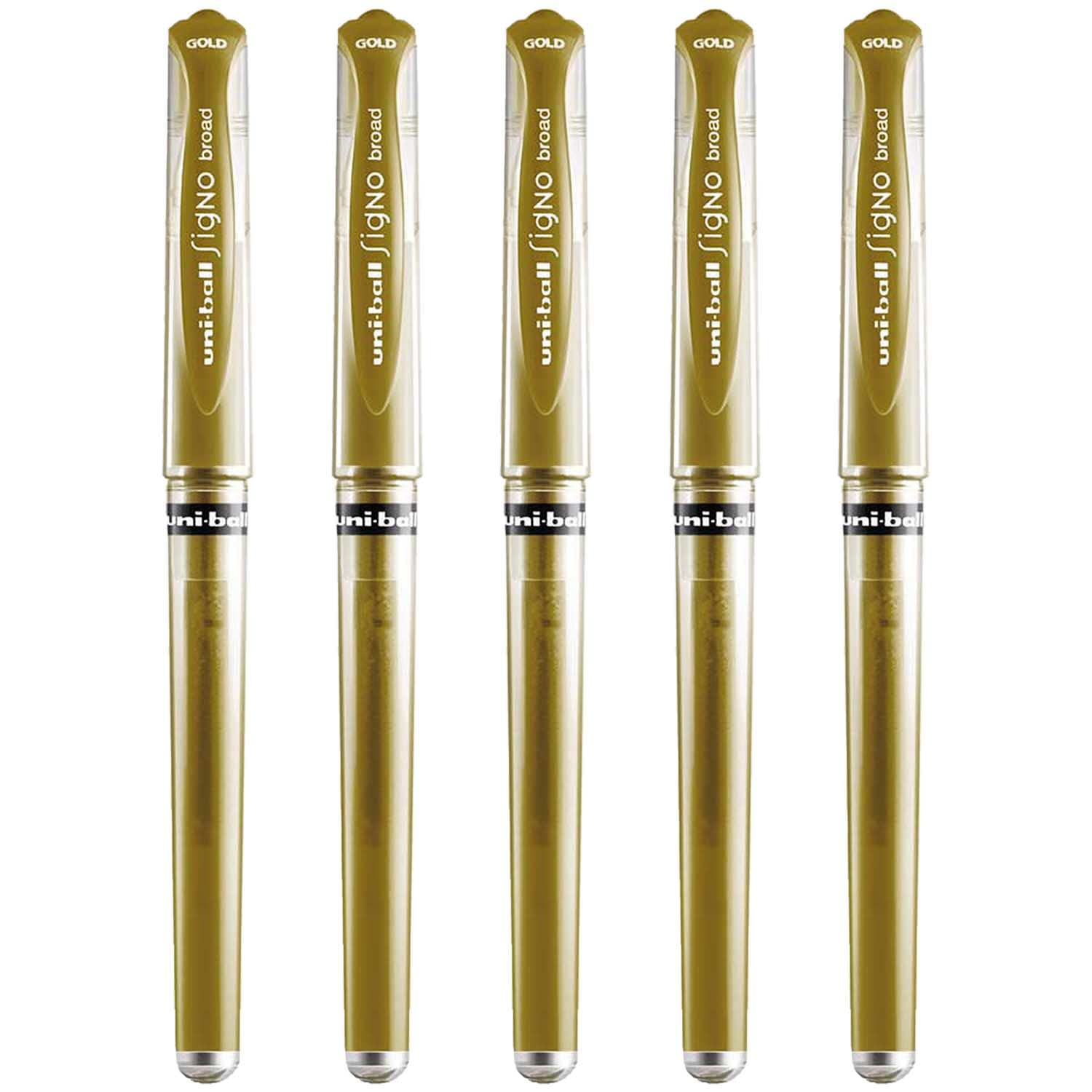 uni-ball Signo Pen Broad Metallic Gel Ink Rollerball - Metal 1mm Tip Nib 0.65mm Line Width With Rubber Grip - UM-153 - Gold (5)