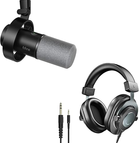 FIFINE Dynamic Microphone Bundle with Studio Monitor Headphones, XLR/USB  Podcast Mic with Headphone Jack, Monitoring Control, Over Ear Wired