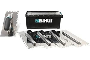 BIHUI 8-Piece Tile Trowel Set in Stainless Steel - 1 Changeable TPR Handle with Square, Round, Tiger and Diagonal Notch Trowels and Storage Tool Box