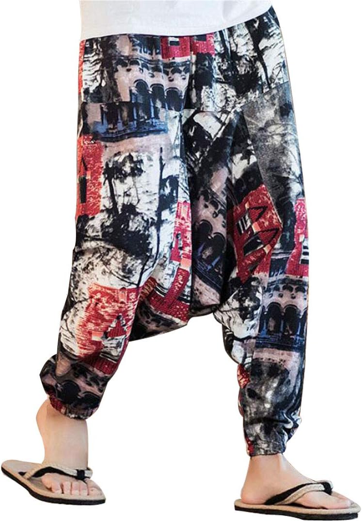 Men's Vintage Cotton Blends Linen Drop Crotch Jogging Harem Pants