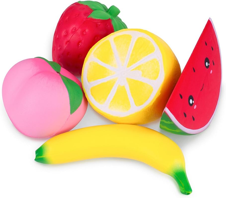 ZERMDIEY1 Fruit Squishies Pack Jumbo Slow Rising Squeeze Stress Relief Toys Scented Soft Squishy Strawberry Banana Watermelon Lemon Peach 5PCS