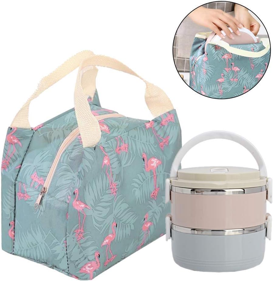 Lunch Bag Reusable Insulated Cooler Tote Box with Front Pocket Zipper Closure for Woman Man Work Picnic or Travel (Blue Flamingo)