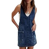 yoeasy Women's V Neck Sleeveless Denim Overall Dress Adjustable Strap Summer Mini Pinafore Jean Dress with Pockets