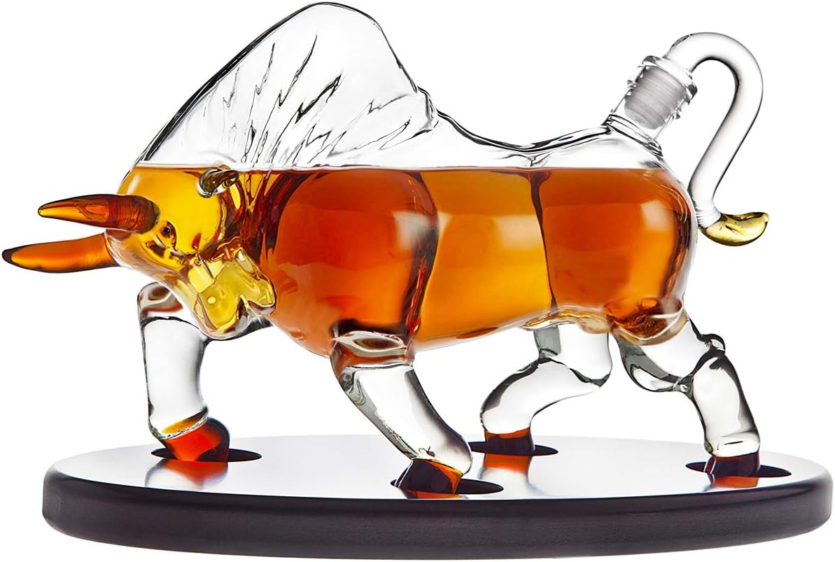 Animal Whiskey Decanter Bull On Wooden Display Tray - For Liquor Scotch Vodka or Wine - 500ml