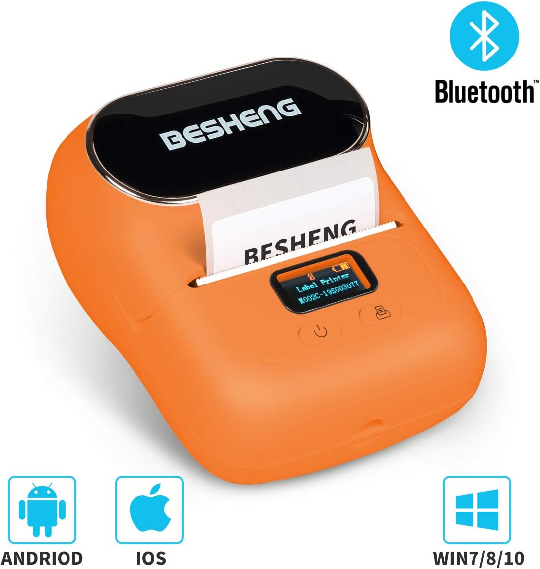 BESHENG Bluetooth Label Maker Machine,Mini Design Handheld Label Printer,Direct Thermal Label Writer for Barcode,Journal,Christamas Gift,Holiday Planner etc,Compatible iOS & Android System (Orange)
