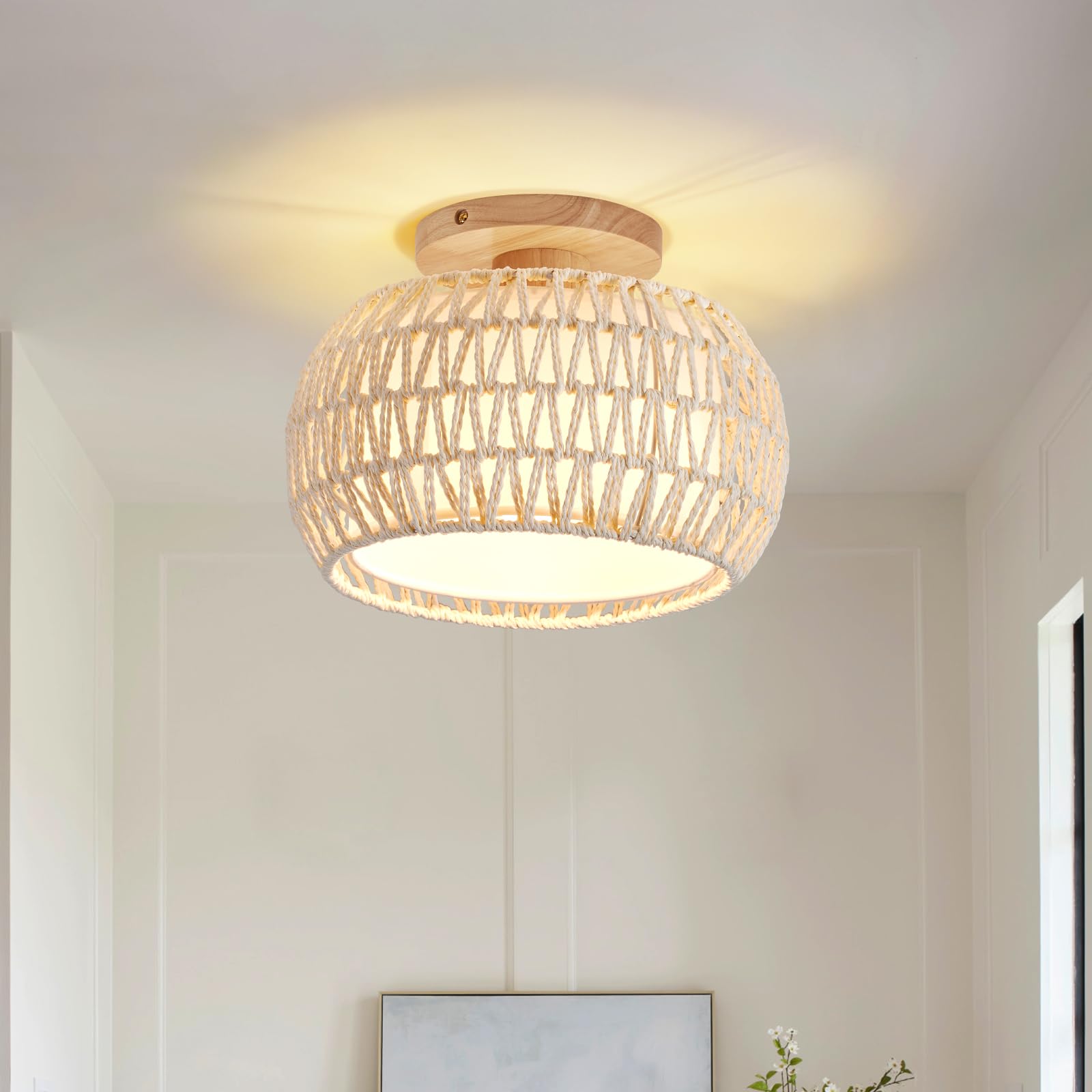 boho rattan ceiling light fixture - 3 style options wicker semi flush mount ceiling lights,beige coa