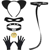Matiniy 5Pcs Black Cat Costume Include Cat Ears Headband Tail Eye Mask Bell Choker Gloves for Halloween Party Dress up