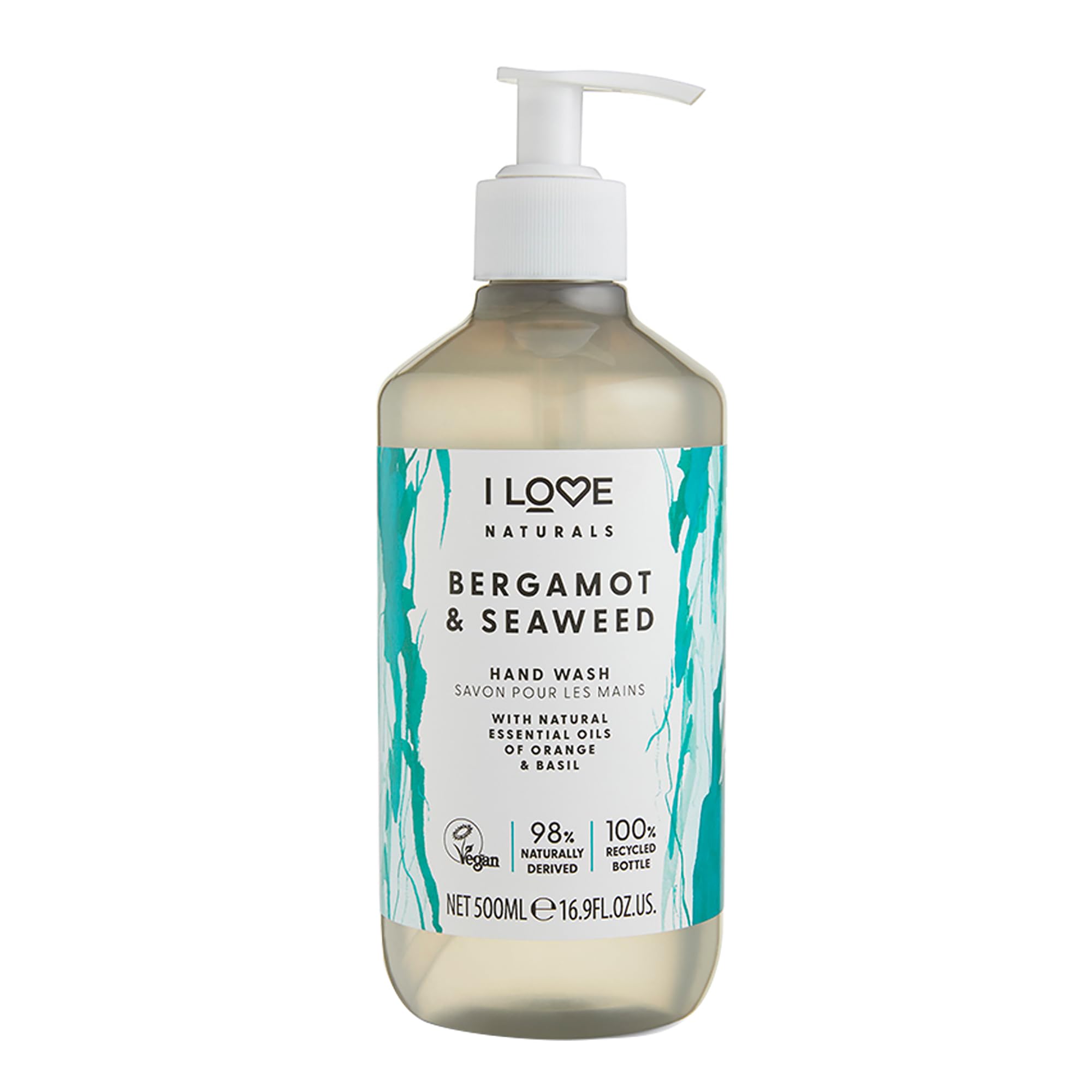 I Love Naturals Bergamot & Seaweed Hand Wash – Gently Cleanses with Orange & Basil Essential Oils – Refreshing, Purifying Vegan Formula with Natural Ingredients – Kind to Skin & Planet 500ml