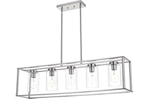 BONLICHT Contemporary 5 Light Dining Room Lighting Fixtures Hanging Rectangle Farmhouse Chandelier Brushed Nickel Kitchen Island Linear Pendant Light Modern Flush Mount Ceiling Light with Clear Glass