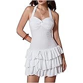 SHENHE Women's Twist Front Tie Halter Neck Layered Ruffle Hem Drop Waist Y2k Mini Dress