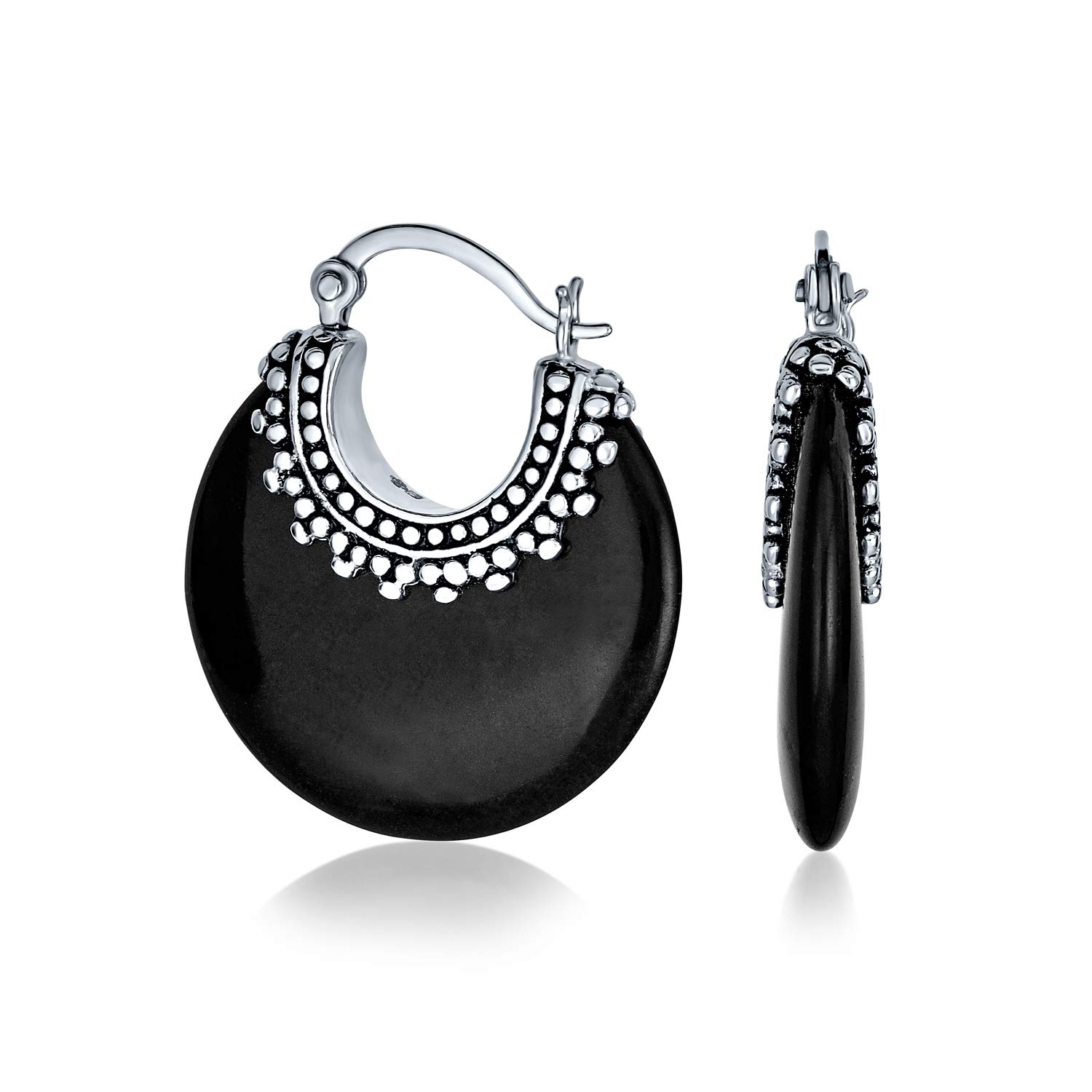 Boho Western Style Tribal Genuine Black Onyx Round Half Crescent Hoop Earrings For Women Oxidized Milgrain Caviar Bead .925 Sterling Silver — image 1