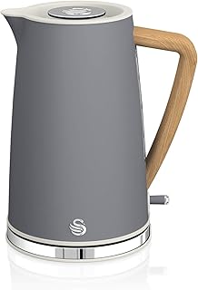 Swan Nordic Ultra Schneller elektrischer Wasserkocher, kabellos, modernes Design, 1,7 l, 2200 W, Griff in Holzoptik, automatische Abschaltung, Grau