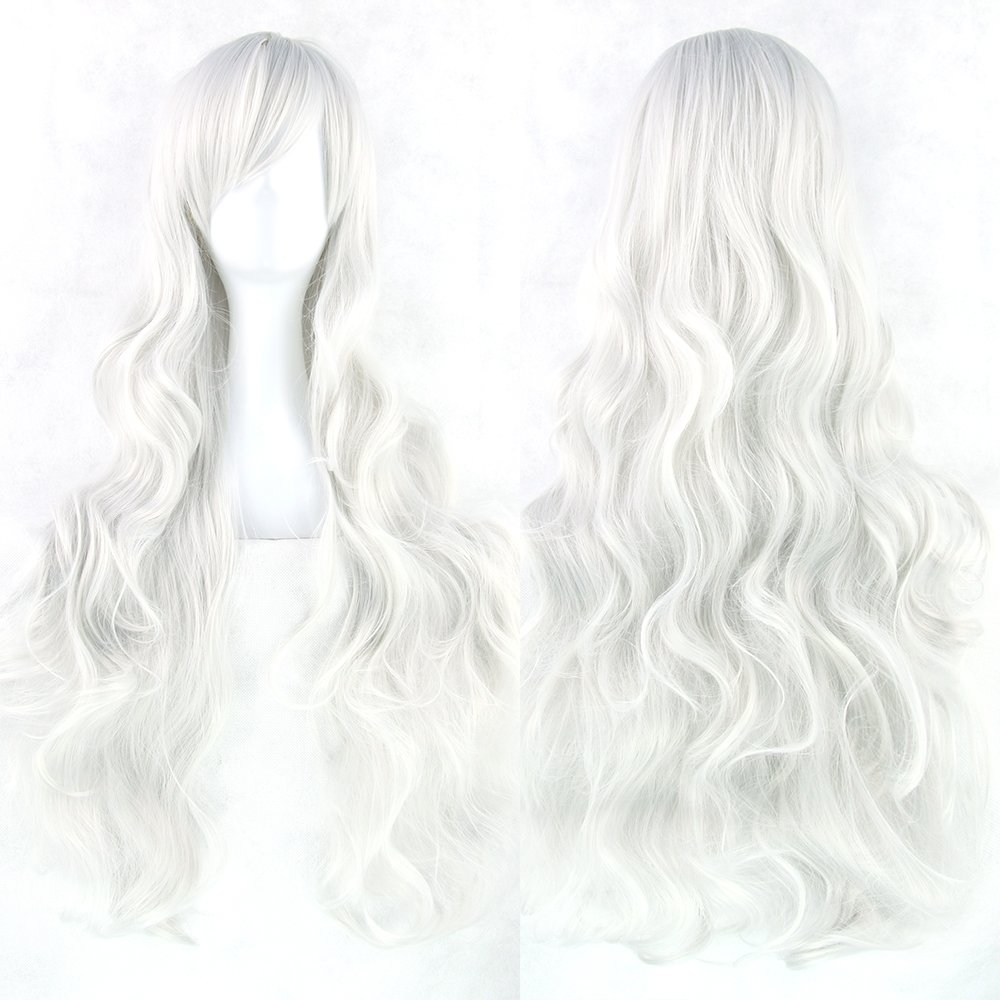 Fouriding 31" Silvery White Women's Long Curly Wave Cosplay Party Wigs Hairpieces Hair Cap Lolita Style Anime Wig