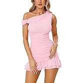 OOQONQ Womens Off The Shoulder Bodycon Summer Mini Dresses Sleeveless Ruched Mesh Ruffle Hem Club Party Short Dress