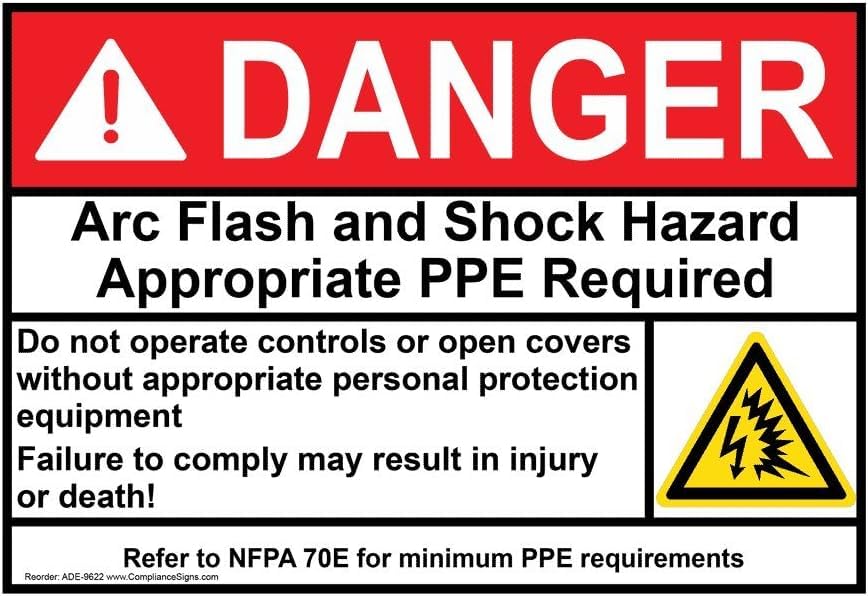Photo 1 of ComplianceSigns.com DANGER Arc Flash And Shock Hazard Appropriate PPE ANSI NFPA 70E Safety Label Decal, 5x3.5 inch 100-Pack Vinyl for Electrical, American Made Safety Signs for the Workplace