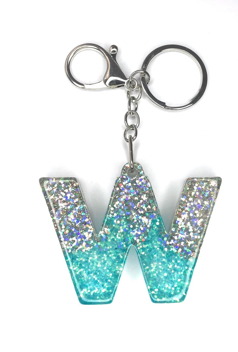 FizzyButton Gifts Initial Letter Keyring Key Ring and Lobster Clasp with Turquoise and Silver Glitter Charm (Letter W)