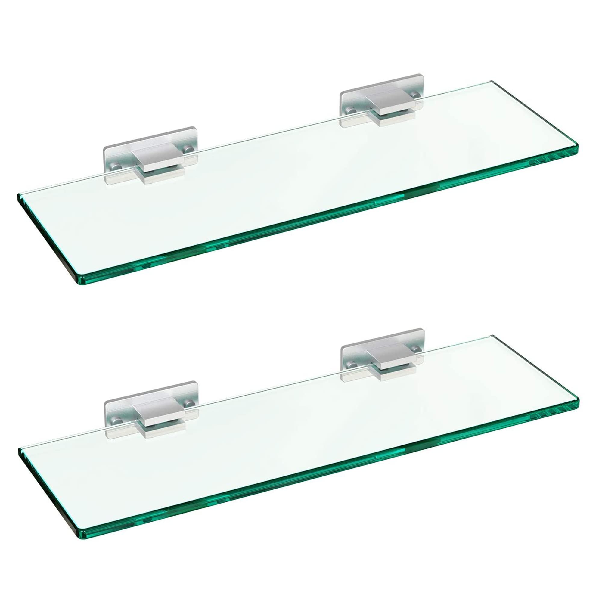 Bathroom Glass Shelf Shower Caddy Shelf with Aluminum Bracket Shampoo Holder Organizer Tempered Rectangular Glass 8MM Extra Thick 2 Pack Wall Mount Silver (Double Glass Shelf)