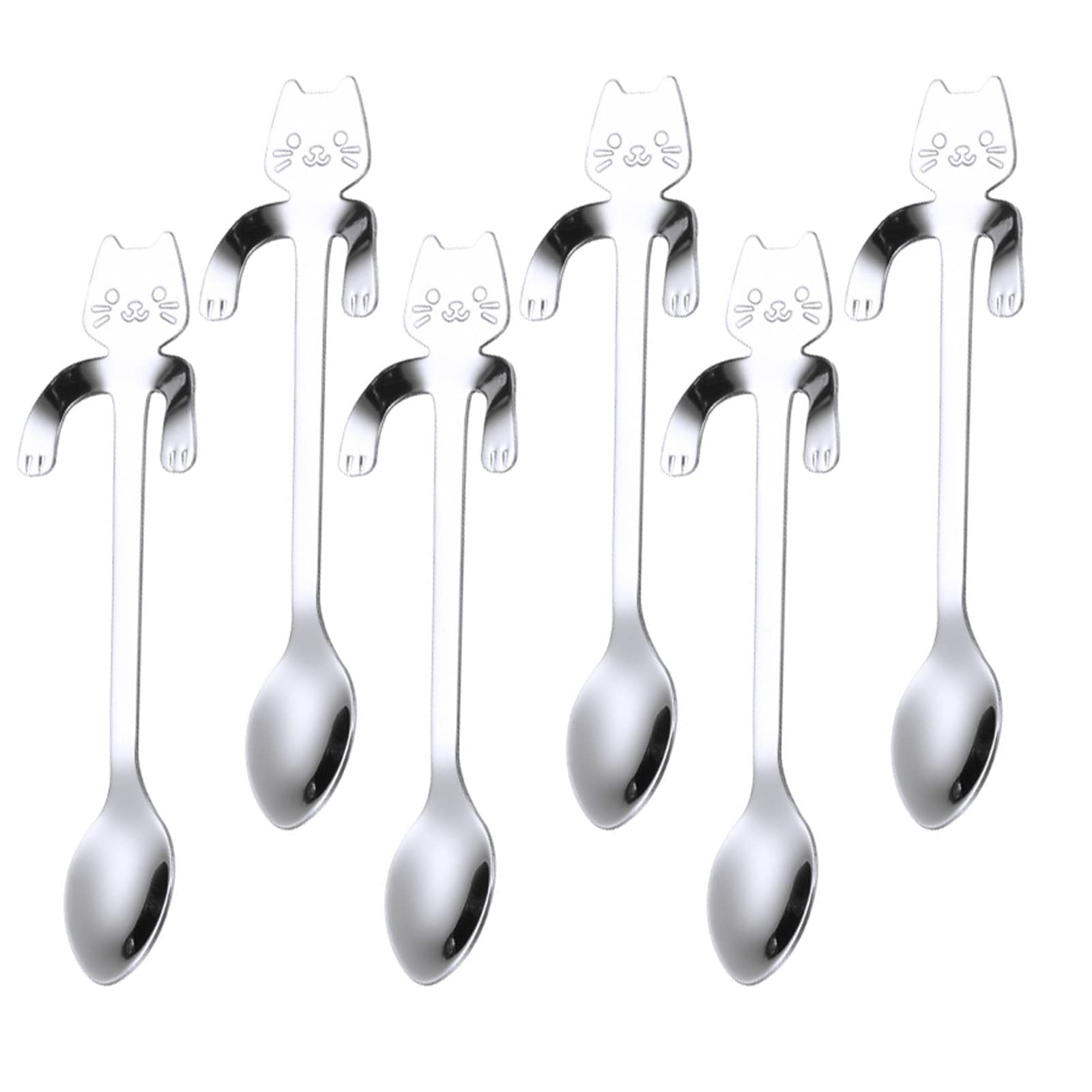 WUDQIJI Teaspoon, dessert spoon, 6 pieces, 12 cm, cat coffee spoon, latte macchiato spoon, stainless steel coffee spoon, espresso spoon, small spoon set for households, restaurants, canteens (silver)