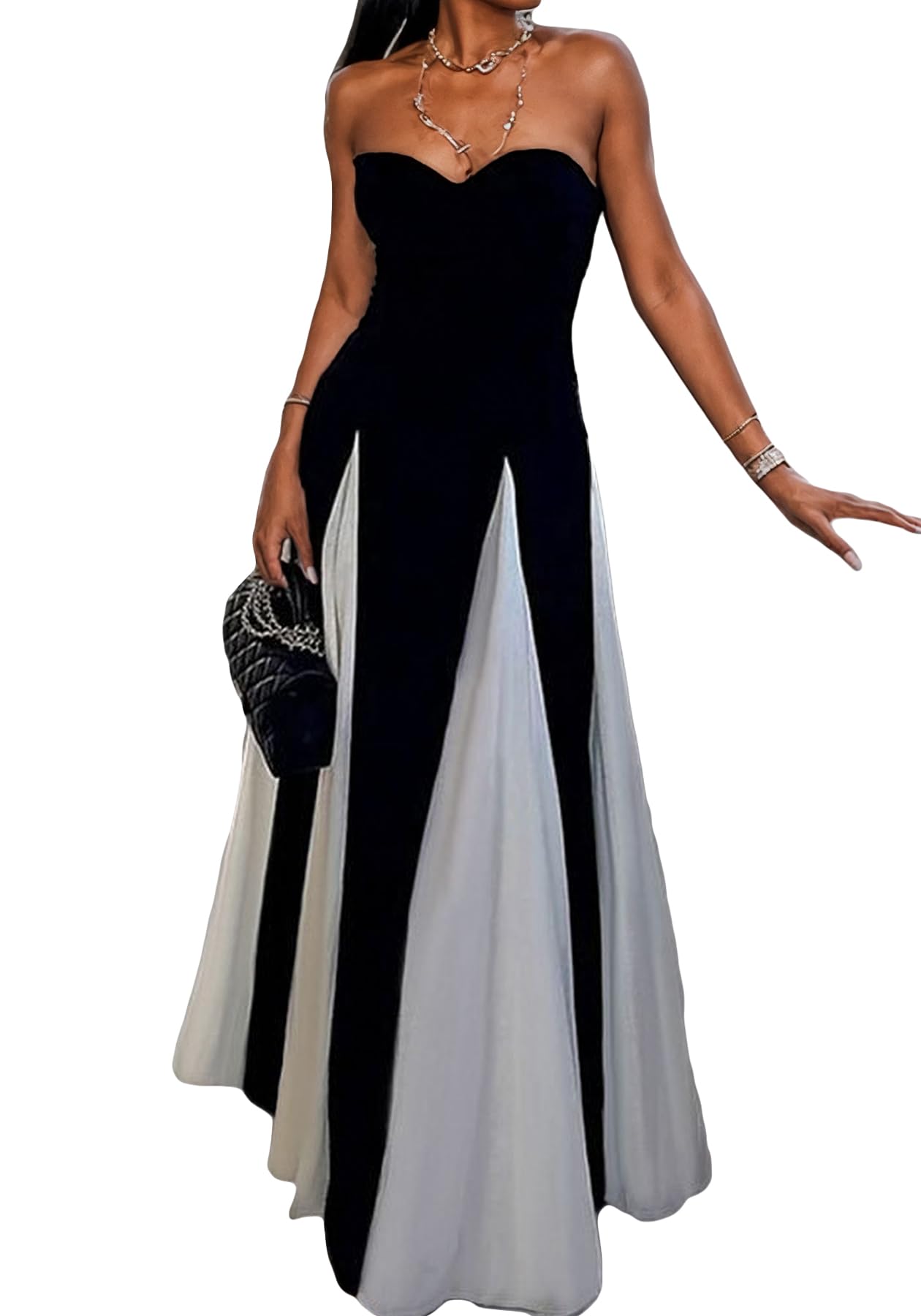DINGANG Womens Elegant Sleeveless Color Block Long Dress Backless ...