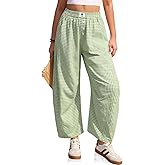 TARSE Gingham Pants Women Barrel Loose Wide Leg Checkered Casual Linen Plaid Trousers with Pockets