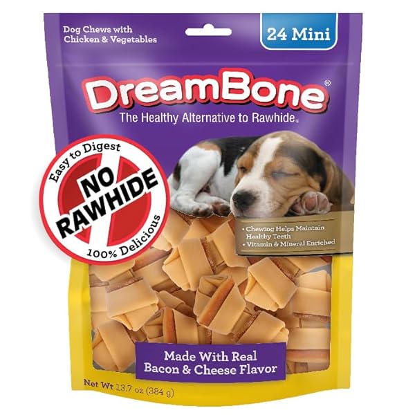 DREAMBONE MINI CHEWS, MADE WITH REAL BACON AND CHEESE FLAVOR, RAWHIDE FREE DOG CHEWS, 24 COUNT