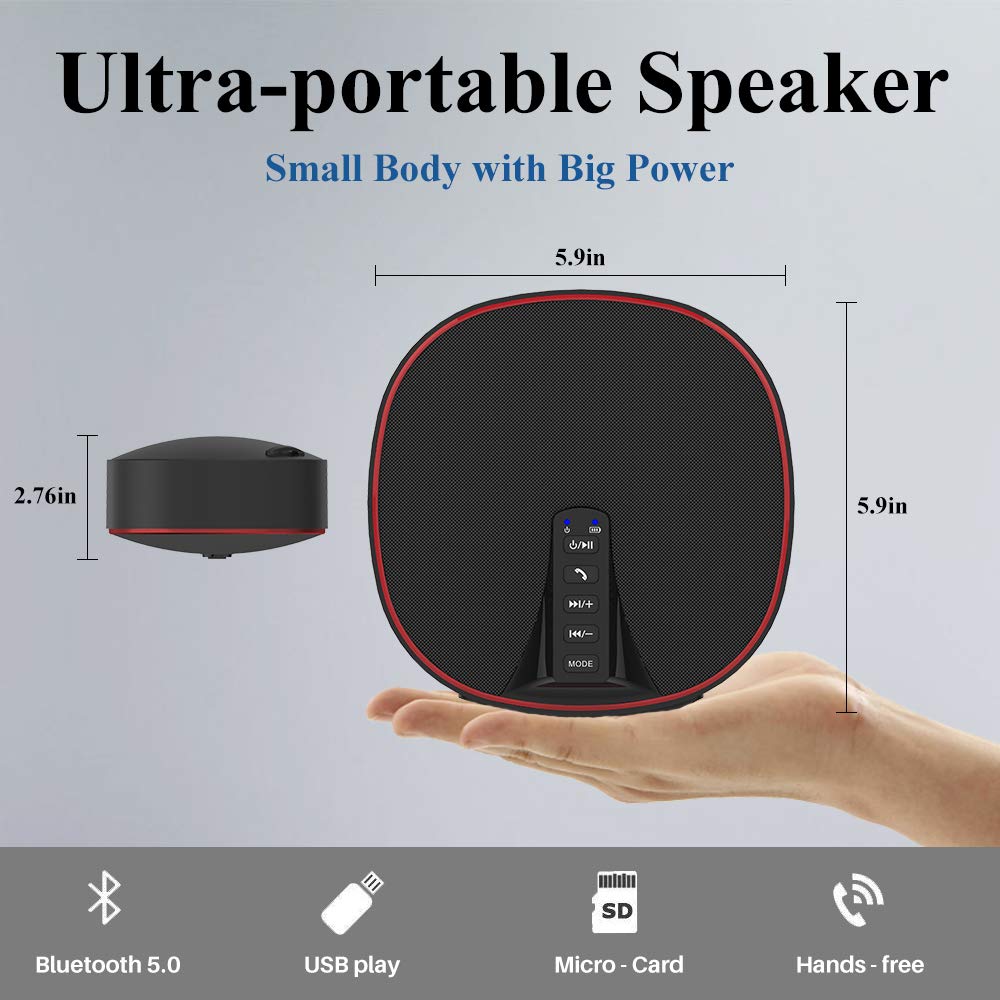 Wireless Portable Bluetooth Speaker 5.0 Build-in Mic HD Audio, Enhanced Bass, Radio Support, Hands-free Call and TF Card Slot, Stereo Sound for iPhone, Tablet, Android (DY52 Black-Red)