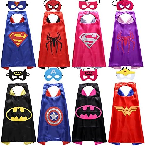 Lazu Superhero Dress up Costumes 4 Double-Sided Design Satin Capes with 8 Felt Masks for Boys and Girls Red
