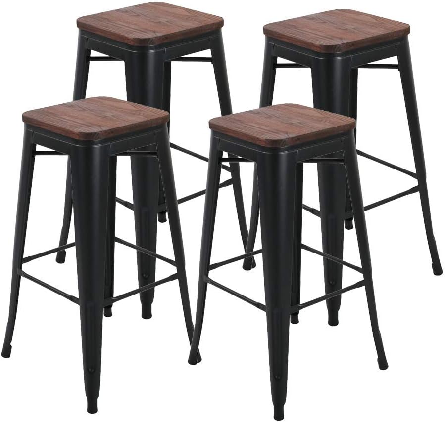 26" Backless Metal Counter Stool Height Barstools [Set of 4] for Indoor/Outdoor Bar Stools, Black Wooden