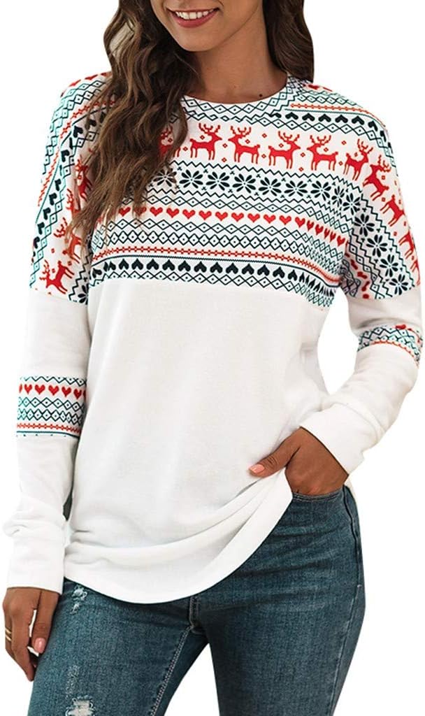 Womens Xmas T-Shirt Ladies Long Sleeve Patching Blouse Casual Sweatshirt Tops