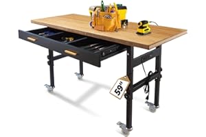 BMJX US Workbench for Garage, 59x24 Work Bench with Drawers, Power Outlets, Casters, Natural Bamboo Wood Top Adjustable Workbench 2000 LBS Load Capacity Work Table for Workshop, Office
