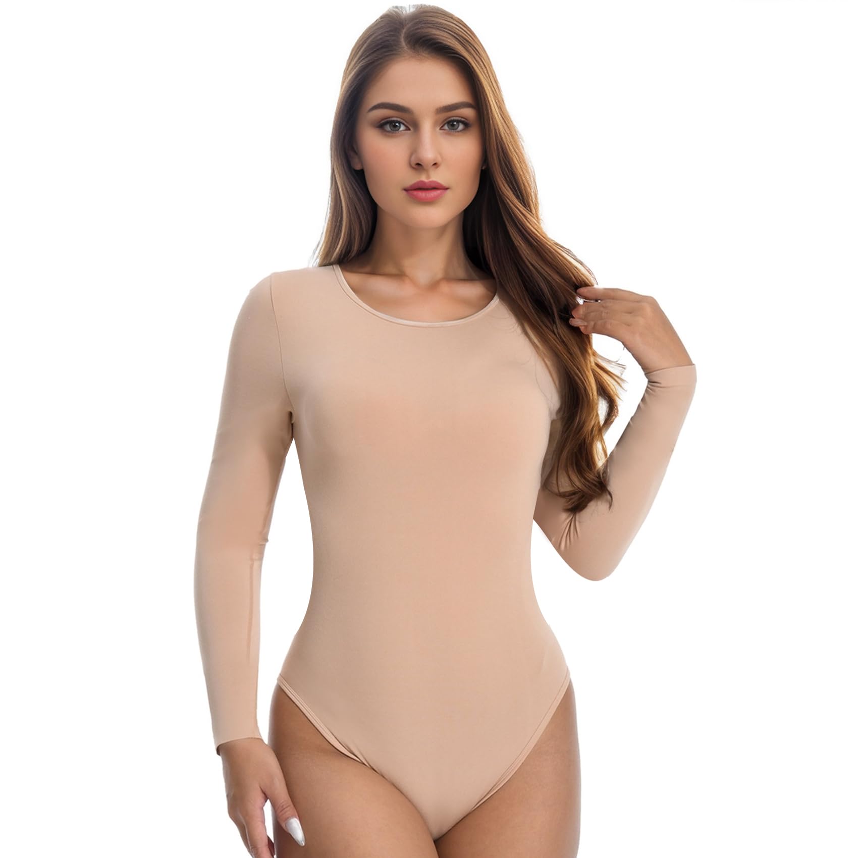 Photo 1 of +MD Round Neck Bodysuits for Women Long Sleeve, Slimming Waist Tops, Basic T-shirt, Nude, X-Large