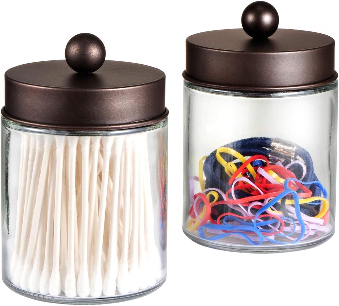 Apothecary Jars Bathroom Storage Organizer - Cute Qtip Dispenser Holder Vanity Canister Jar Glass with Lid for Cotton Swabs,Rounds,Bath Salts,Makeup Sponges,Hair Accessories/Bronze (2 Pack): Home & Kitchen