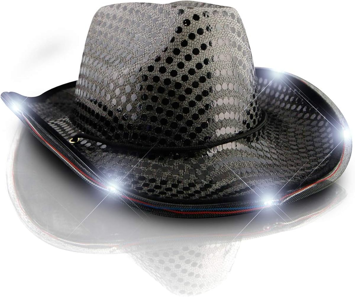 FlashingBlinkyLights Black Sequin Light Up LED Cowboy Hat: Clothing