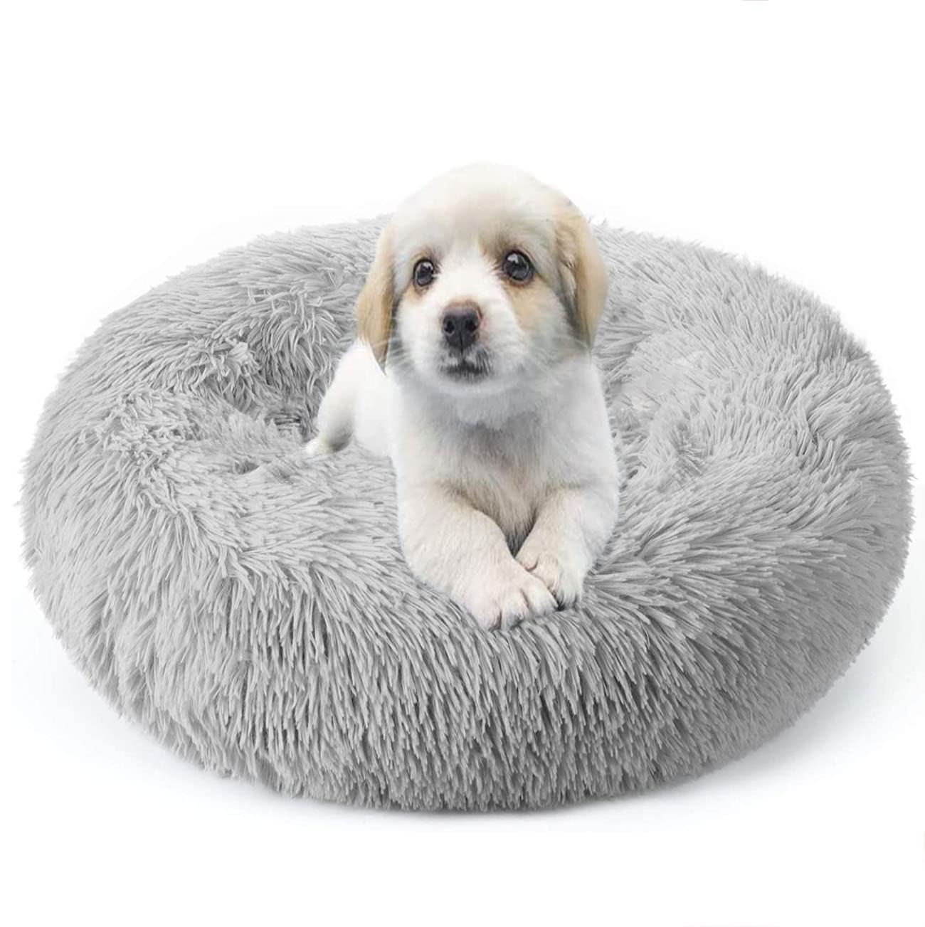Pet Bed for Cats and Dogs, Doughnut Shape Small Dog Bed Soft Cat Sleeping Bed, Dog Round Plush Dog Bed Cat Bed, Portable Warm Soft Comfortable Dog Sofa (Diameter 60 cm, Light Grey)