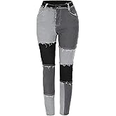THUNDER STAR Women High Waist Patchwork Jeans Stretchy Denim Pants