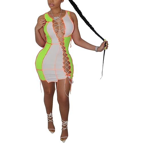 Annystore Women's Sexy Color Block Sleeveless Lace Up Bodycon Mini Dress Bandage Party Club Dress