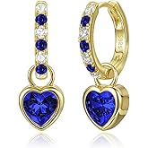 Heart Birthstone Dangle Drop Earrings for Women: 925 Sterling Silver Hypoallergenic Huggie Earrings with Dainty 5A CZ, Trendy Jewelry Valentine Anniversary Birthday Gifts for Her Wife Girlfriend Mom